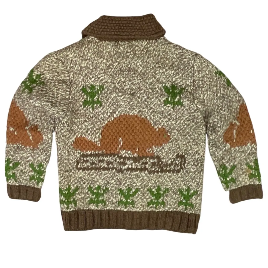 VINTAGE 1970s MENS BROWN COWICHAN BEAVER GRAPHIC KNIT ROCKABILLY CARDIGAN S 36”
