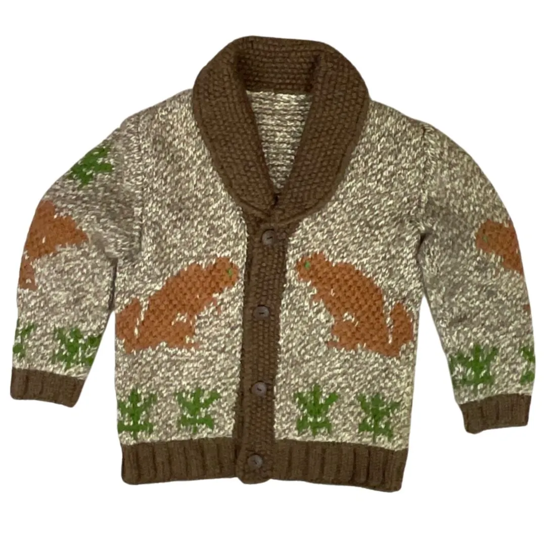 VINTAGE 1970s MENS BROWN COWICHAN BEAVER GRAPHIC KNIT ROCKABILLY CARDIGAN S 36”