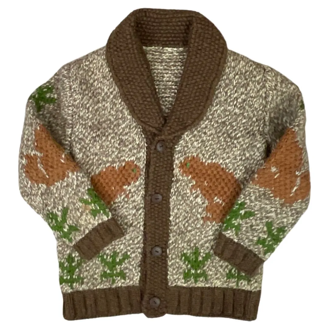 VINTAGE 1970s MENS BROWN COWICHAN BEAVER GRAPHIC KNIT ROCKABILLY CARDIGAN S 36”