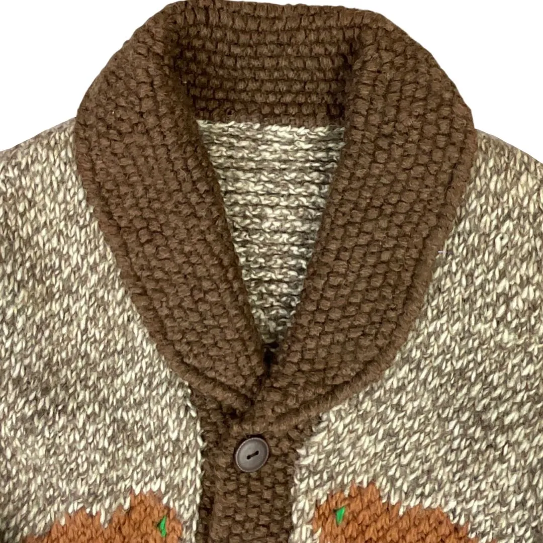 VINTAGE 1970s MENS BROWN COWICHAN BEAVER GRAPHIC KNIT ROCKABILLY CARDIGAN S 36”