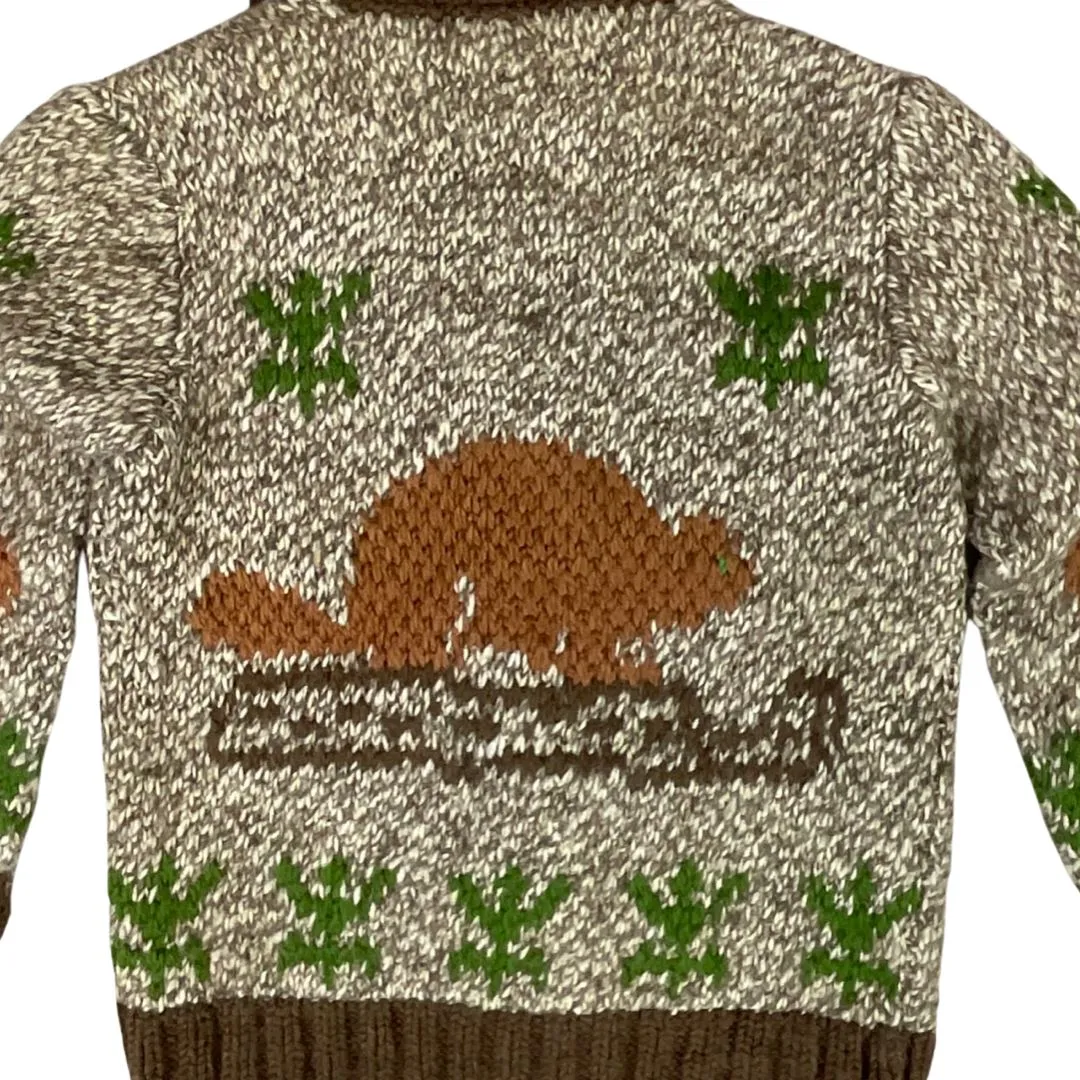 VINTAGE 1970s MENS BROWN COWICHAN BEAVER GRAPHIC KNIT ROCKABILLY CARDIGAN S 36”