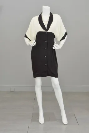 Vintage 1980s Black Cream Color-Block Batwing Retro Dress