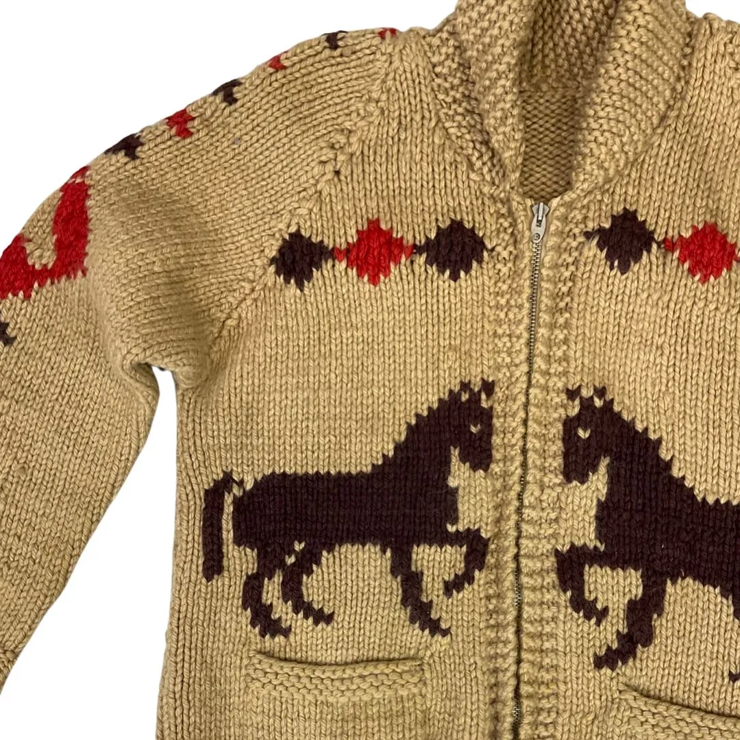 VINTAGE 50s MENS BROWN WOOL COWICHAN GRAPHIC KNIT ROCKABILLY CARDIGAN 34” S