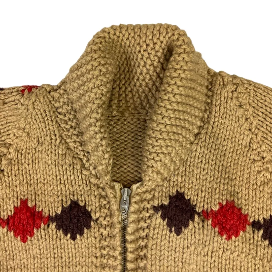 VINTAGE 50s MENS BROWN WOOL COWICHAN GRAPHIC KNIT ROCKABILLY CARDIGAN 34” S