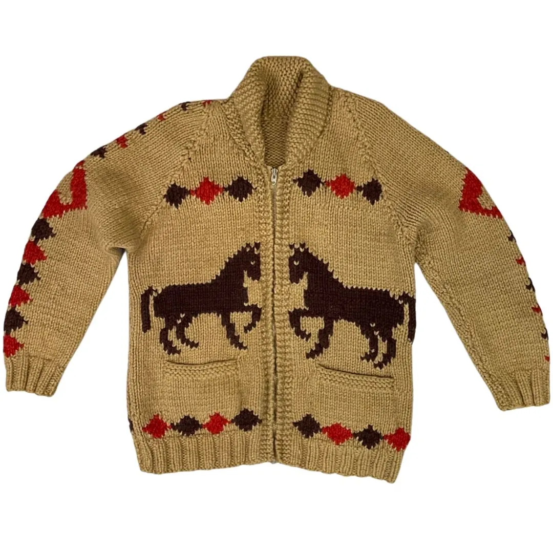 VINTAGE 50s MENS BROWN WOOL COWICHAN GRAPHIC KNIT ROCKABILLY CARDIGAN 34” S