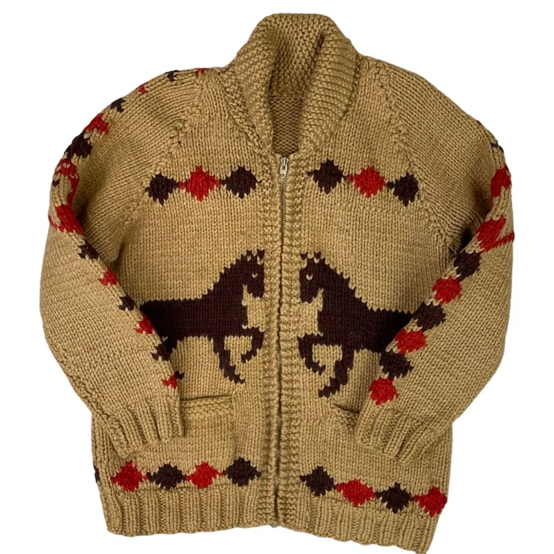 VINTAGE 50s MENS BROWN WOOL COWICHAN GRAPHIC KNIT ROCKABILLY CARDIGAN 34” S