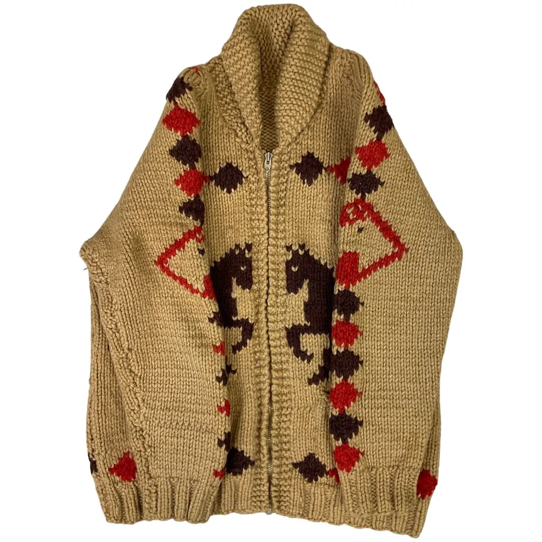 VINTAGE 50s MENS BROWN WOOL COWICHAN GRAPHIC KNIT ROCKABILLY CARDIGAN 34” S