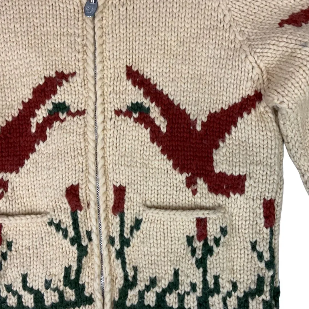 VINTAGE 70s MENS BROWN WOOL COWICHAN GRAPHIC KNIT ROCKABILLY CARDIGAN 40” M