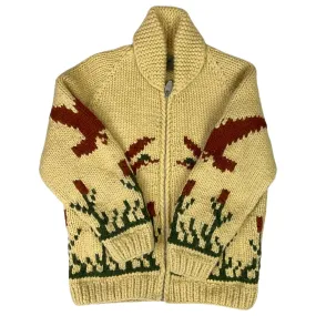 VINTAGE 70s MENS BROWN WOOL COWICHAN GRAPHIC KNIT ROCKABILLY CARDIGAN 40” M
