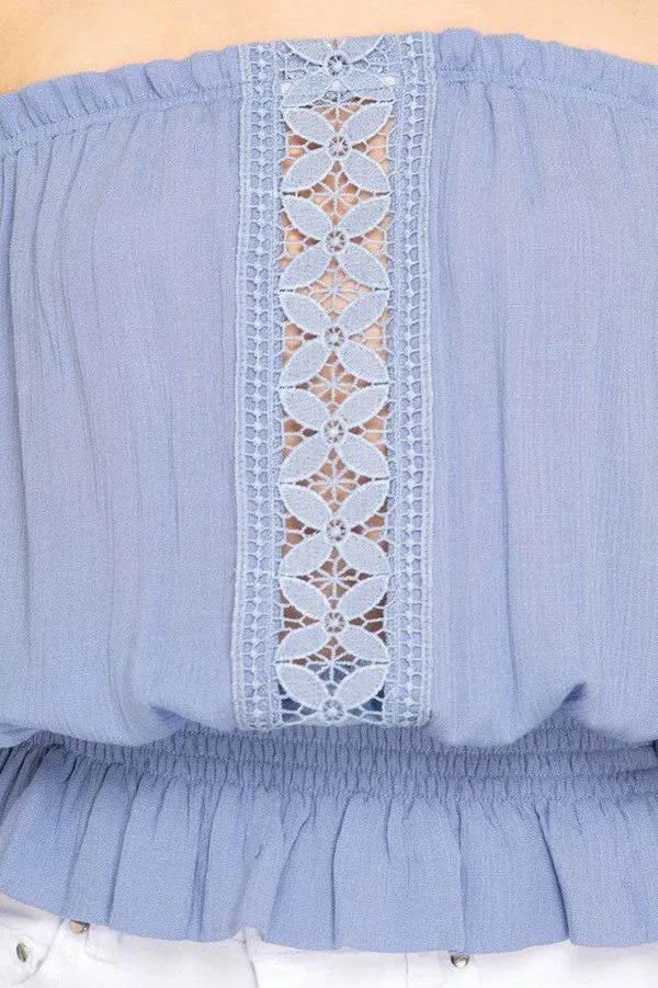 White Off Shoulder Smocked Long Sleeve Top With Lace Detail
