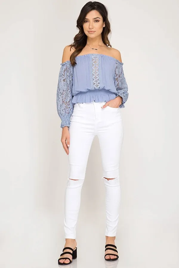 White Off Shoulder Smocked Long Sleeve Top With Lace Detail