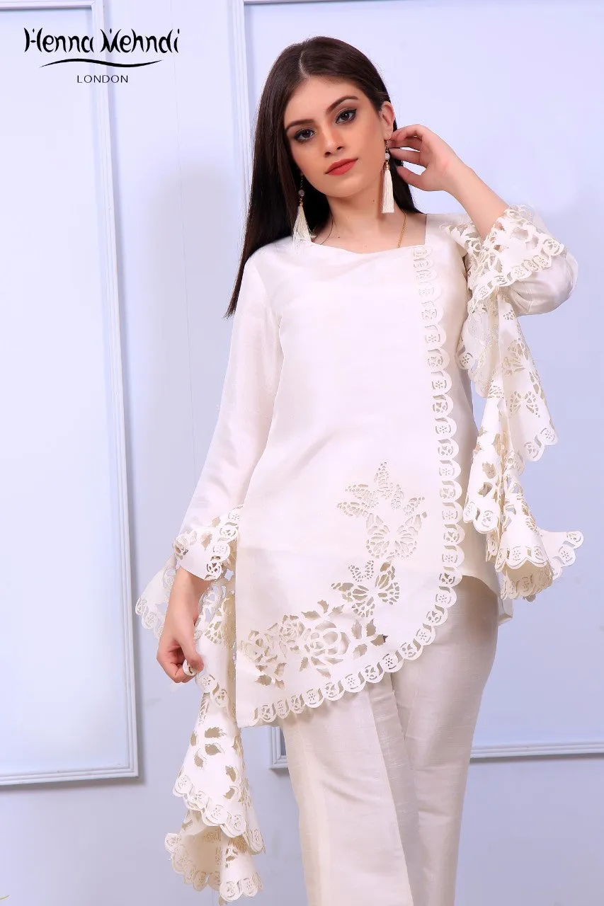 White Ruffle Sleeves Laser Cut Outfit