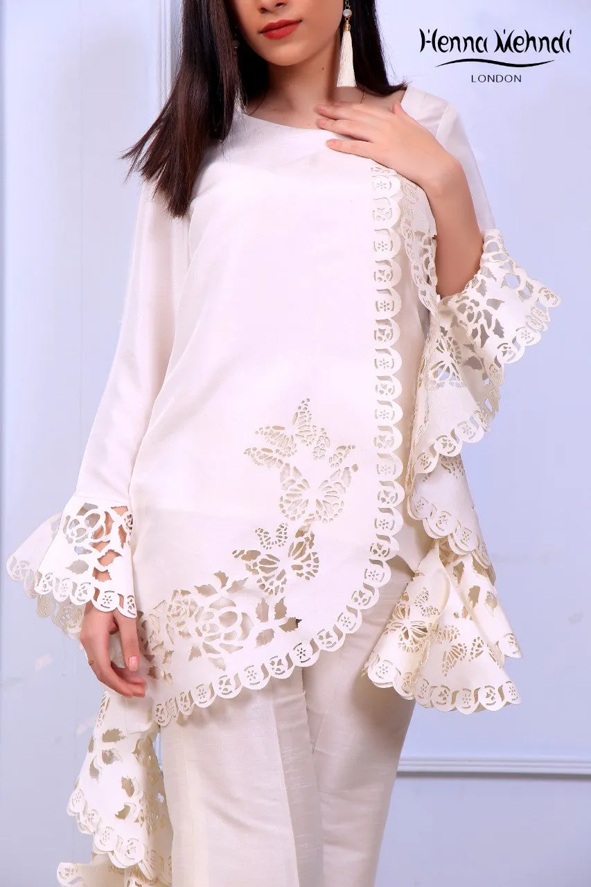 White Ruffle Sleeves Laser Cut Outfit