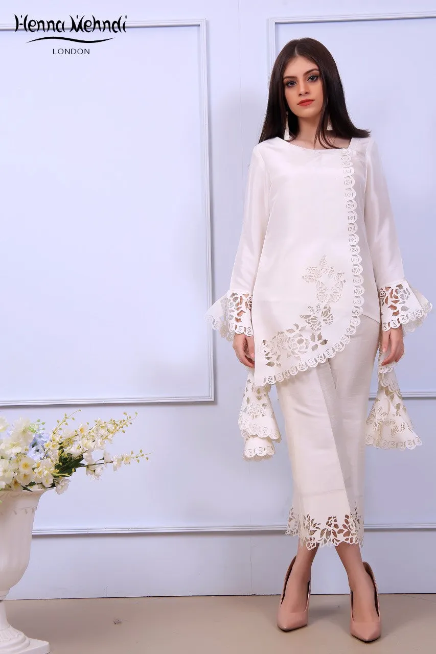 White Ruffle Sleeves Laser Cut Outfit