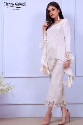 White Ruffle Sleeves Laser Cut Outfit