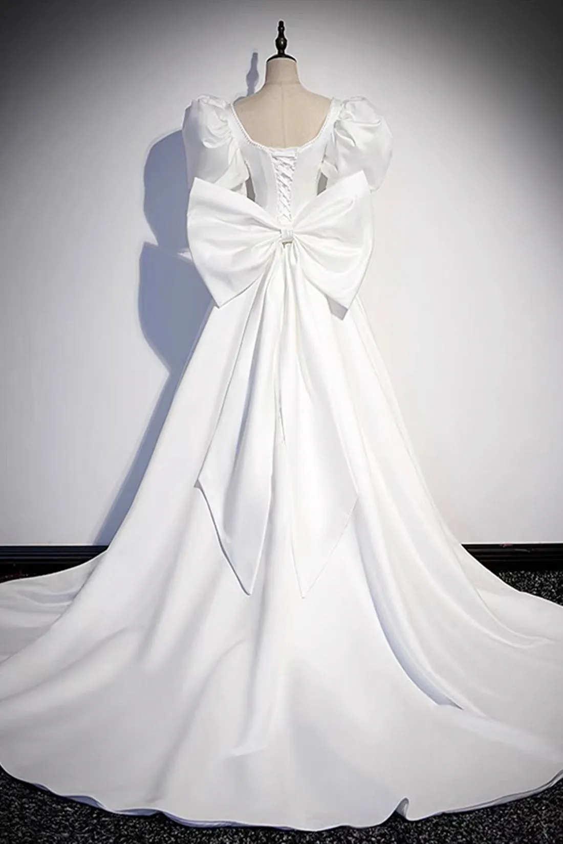 White Satin Long Prom Dress, Beautiful Short Sleeve Evening Dress with Bow