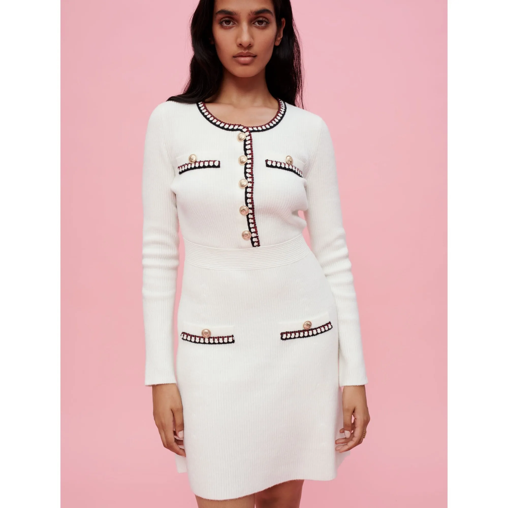Women Contrast Rib Knit Dress - Ecru