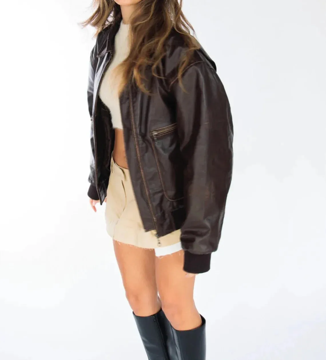 WOMEN'S HANDMADE OVERSIZE REAL LEATHER DISTRESSED BROWN BOMBER JACKET
