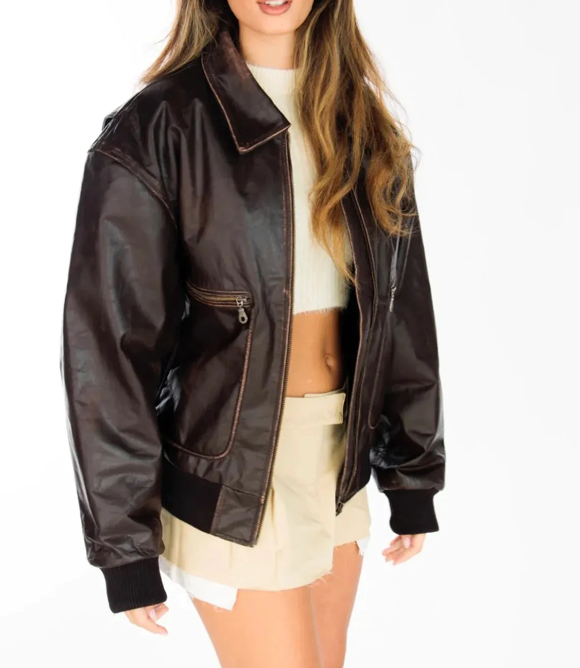 WOMEN'S HANDMADE OVERSIZE REAL LEATHER DISTRESSED BROWN BOMBER JACKET