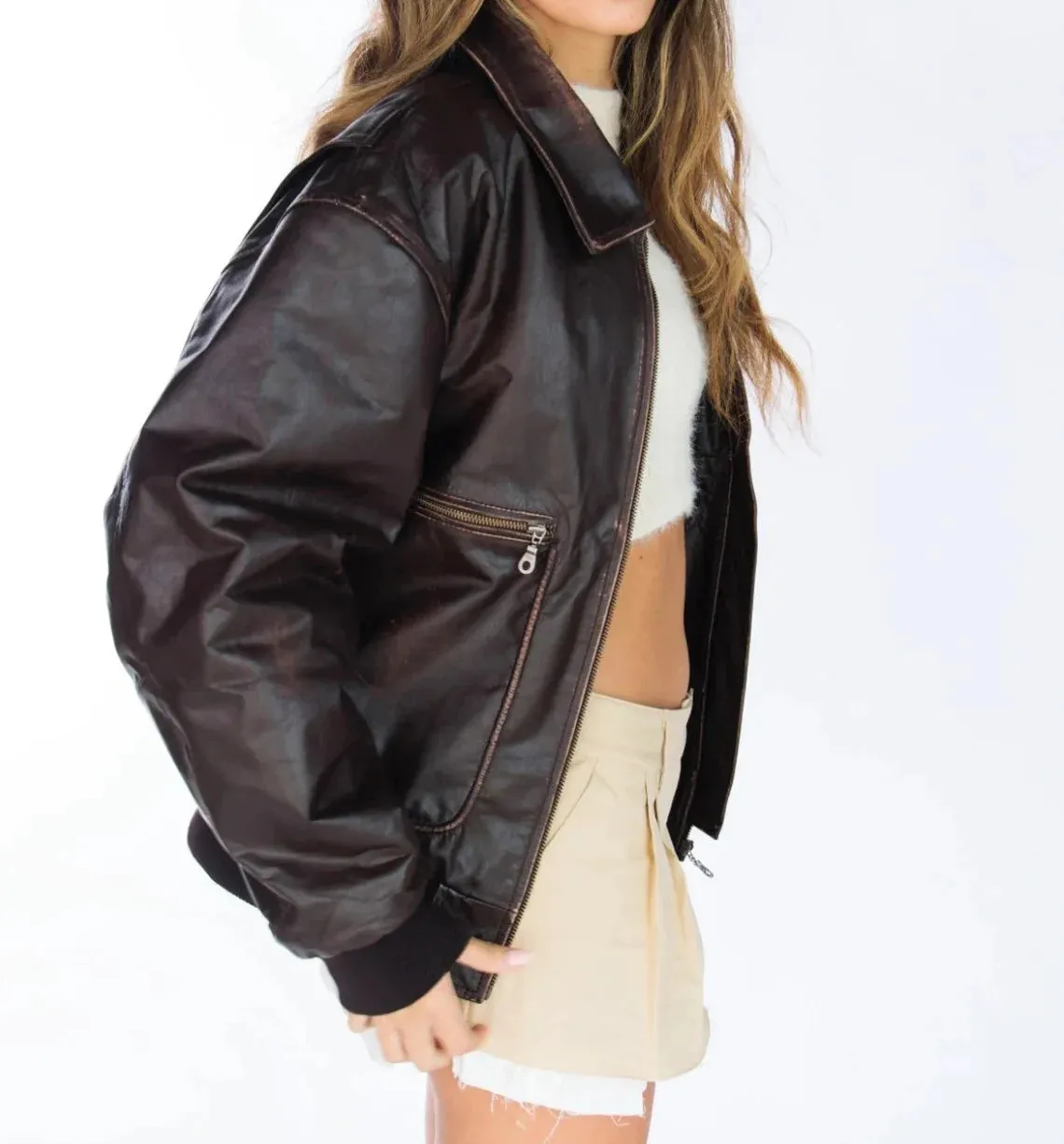 WOMEN'S HANDMADE OVERSIZE REAL LEATHER DISTRESSED BROWN BOMBER JACKET