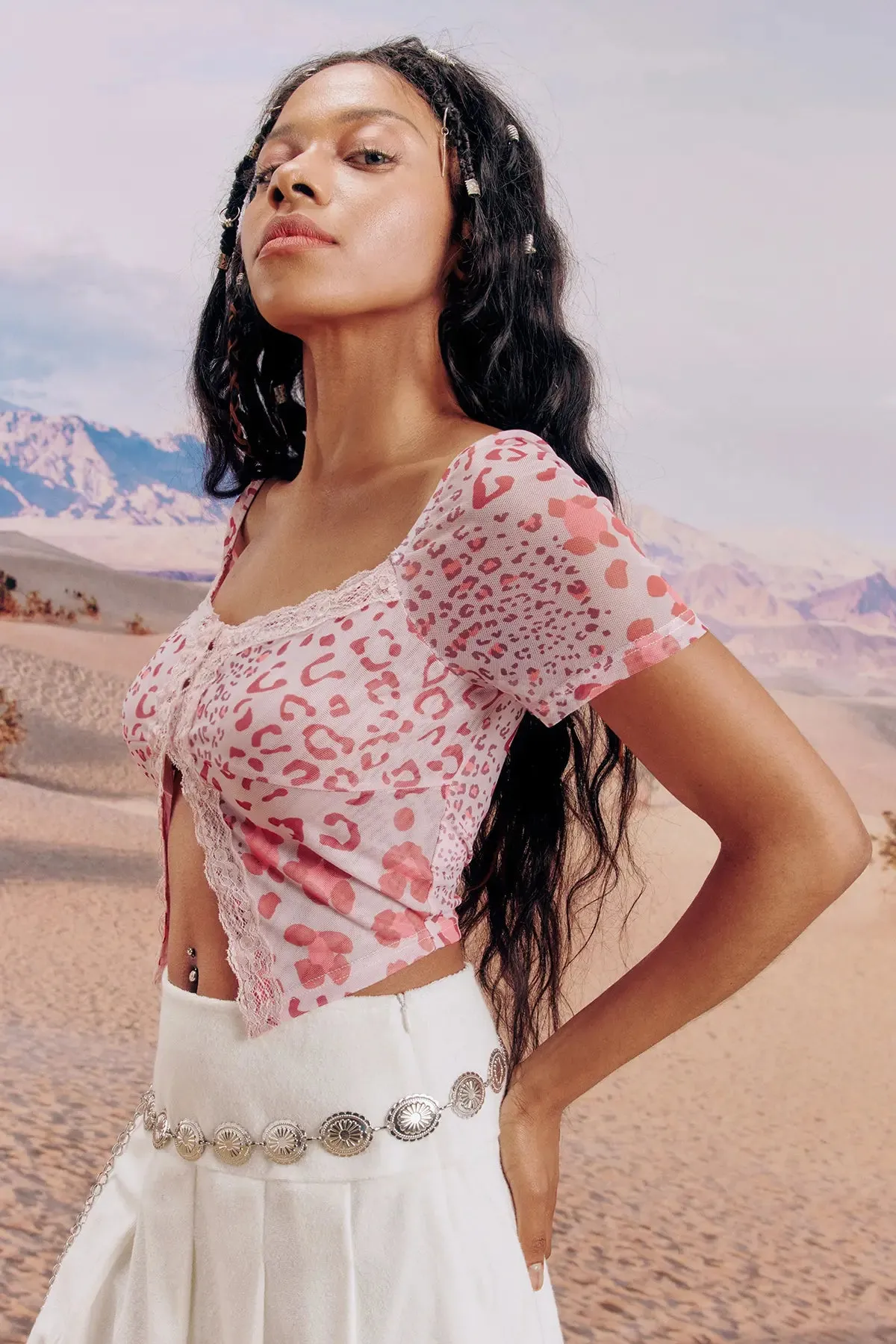 Women's Leopard Print Contrast Lace Crop Top