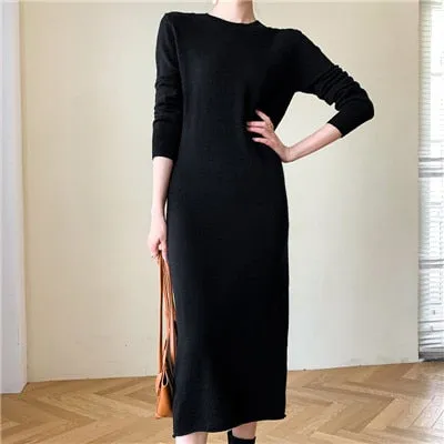 Women's long skirt 2020 new style 100% wool sweater section comfortable warm all-match solid color O-neck cashmere basic dress