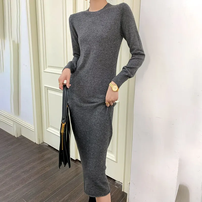 Women's long skirt 2020 new style 100% wool sweater section comfortable warm all-match solid color O-neck cashmere basic dress