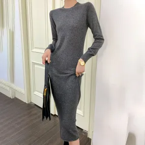 Women's long skirt 2020 new style 100% wool sweater section comfortable warm all-match solid color O-neck cashmere basic dress