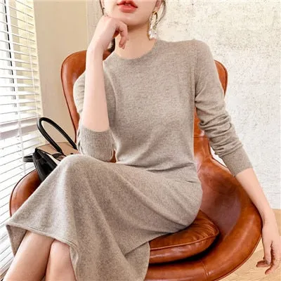 Women's long skirt 2020 new style 100% wool sweater section comfortable warm all-match solid color O-neck cashmere basic dress
