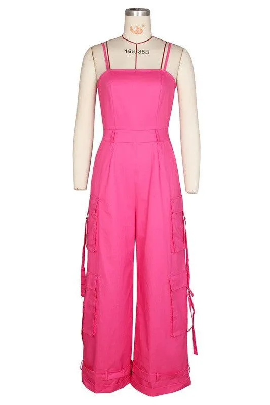 Womens Sleeveless Cargo Pockets Jumpsuit