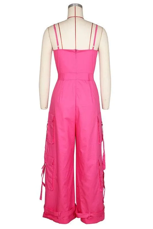 Womens Sleeveless Cargo Pockets Jumpsuit