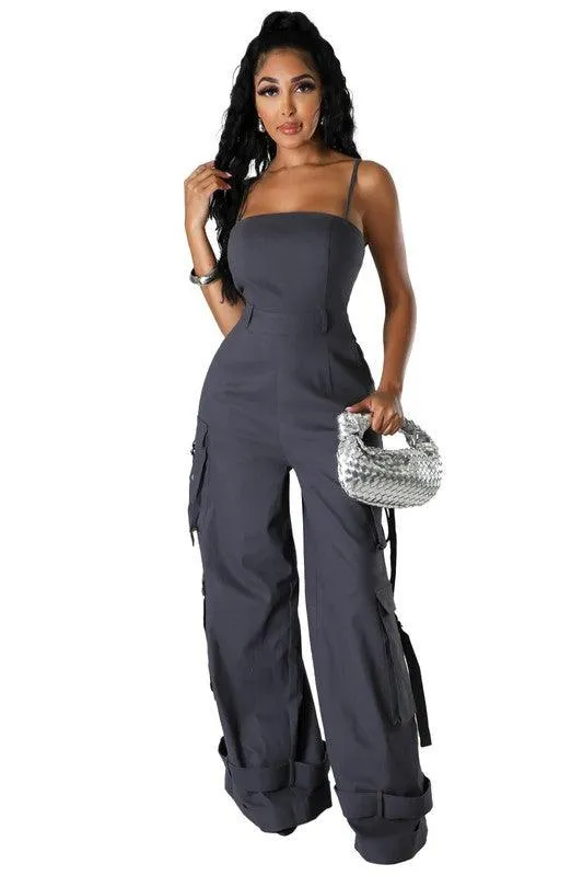 Womens Sleeveless Cargo Pockets Jumpsuit