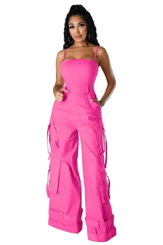 Womens Sleeveless Cargo Pockets Jumpsuit