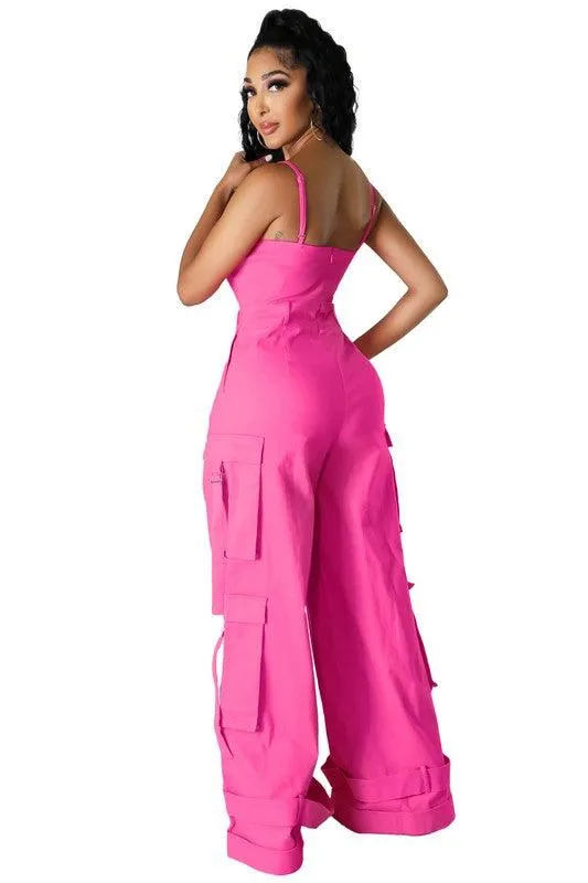 Womens Sleeveless Cargo Pockets Jumpsuit