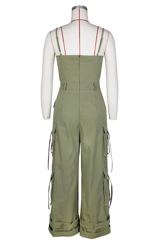 Womens Sleeveless Cargo Pockets Jumpsuit
