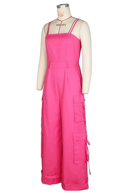 Womens Sleeveless Cargo Pockets Jumpsuit