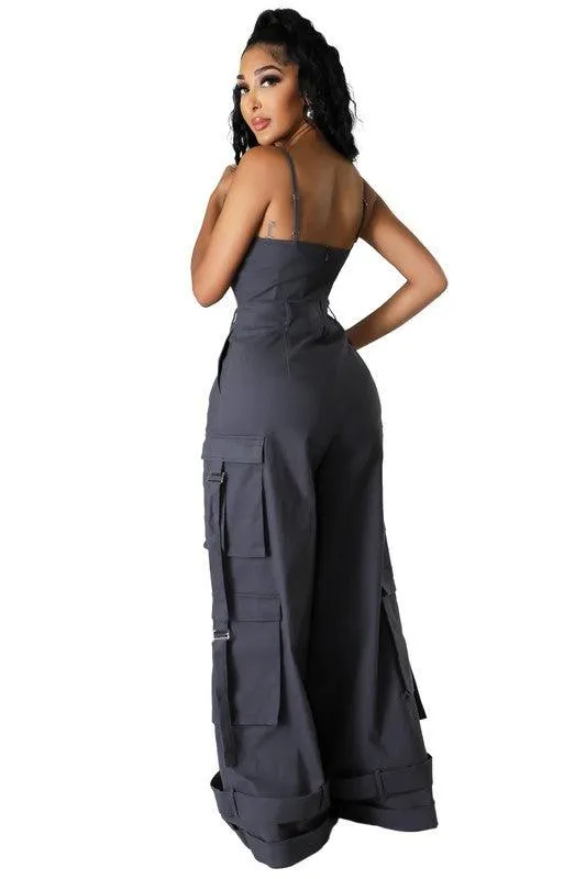 Womens Sleeveless Cargo Pockets Jumpsuit