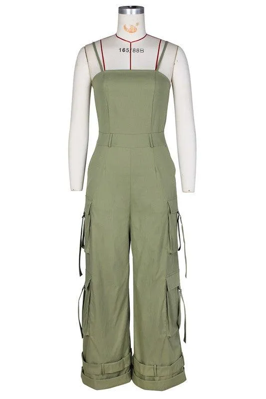 Womens Sleeveless Cargo Pockets Jumpsuit