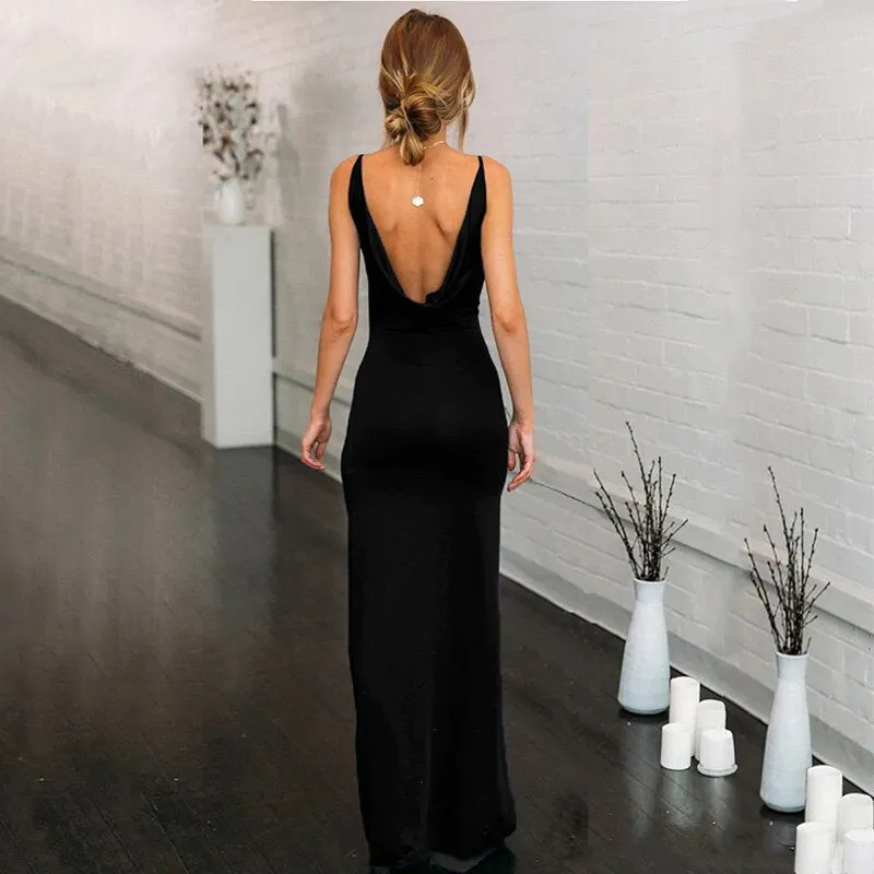 Women's Summer Deep V-Neck Backless Slim Maxi Dress With High Side Split
