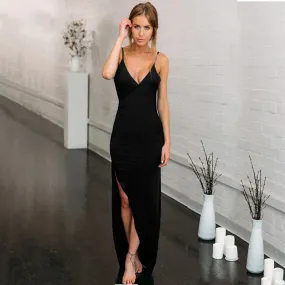 Women's Summer Deep V-Neck Backless Slim Maxi Dress With High Side Split