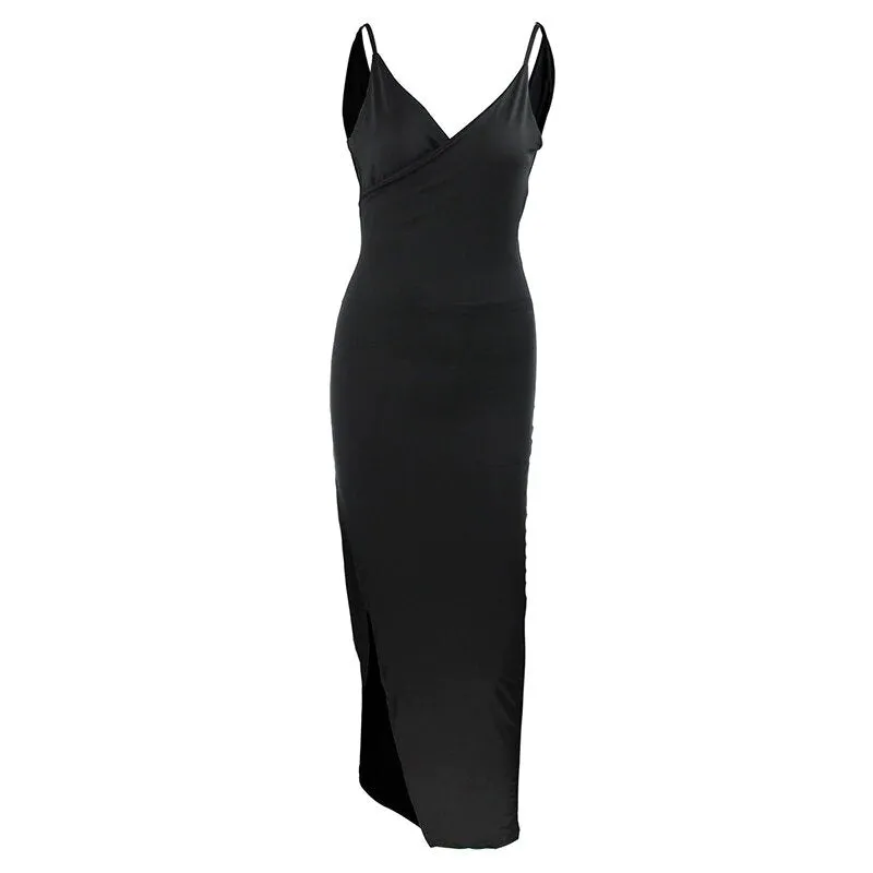 Women's Summer Deep V-Neck Backless Slim Maxi Dress With High Side Split