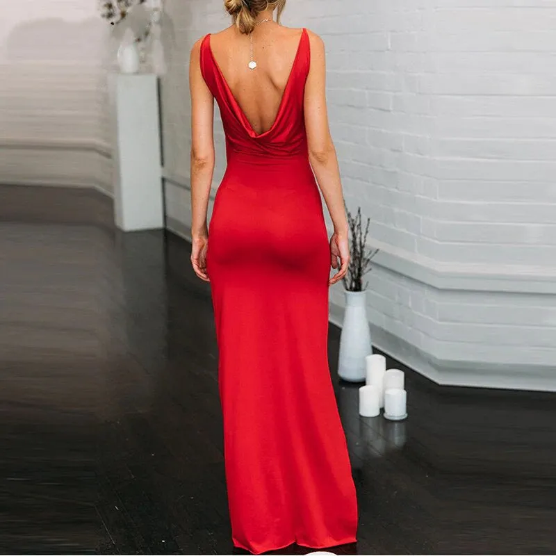Women's Summer Deep V-Neck Backless Slim Maxi Dress With High Side Split