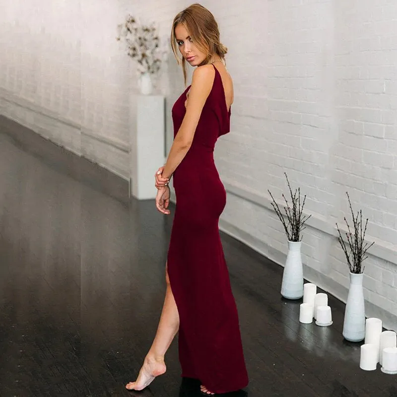 Women's Summer Deep V-Neck Backless Slim Maxi Dress With High Side Split