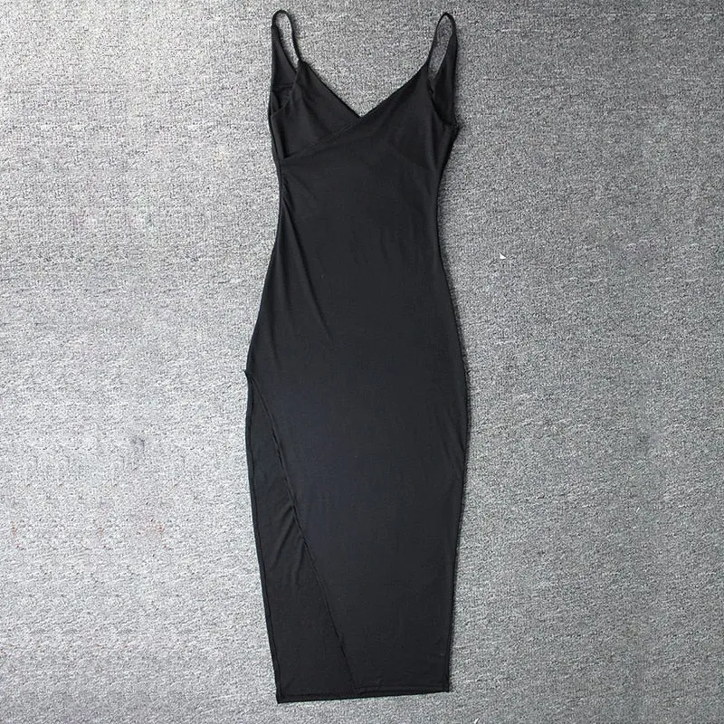 Women's Summer Deep V-Neck Backless Slim Maxi Dress With High Side Split
