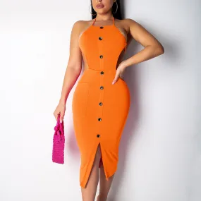 Women's Summer Knitted Backless Buttoned Dress