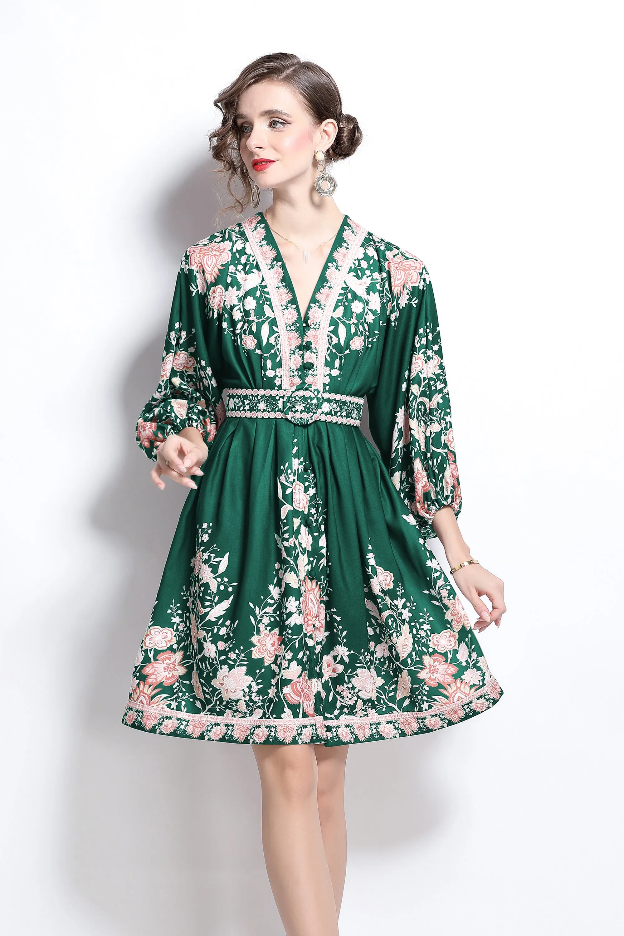 Women's V-Neck Floral Print Lantern Sleeve Mini Dress