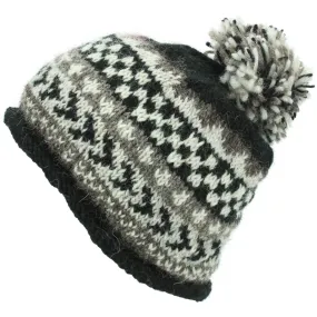 Wool Knit Beanie Bobble Hat - Chevron - Black