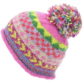 Wool Knit Beanie Bobble Hat - Chevron - Pink