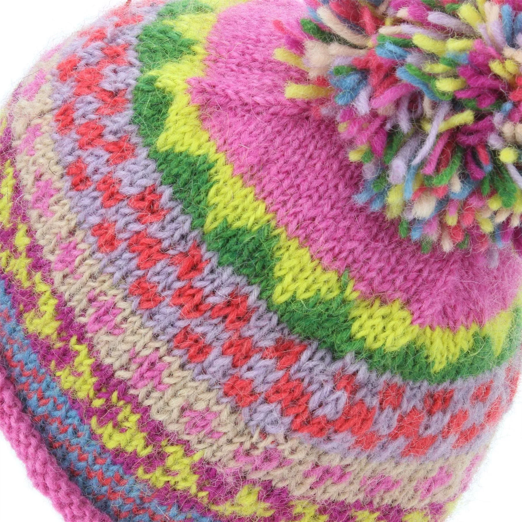 Wool Knit Beanie Bobble Hat - Chevron - Pink