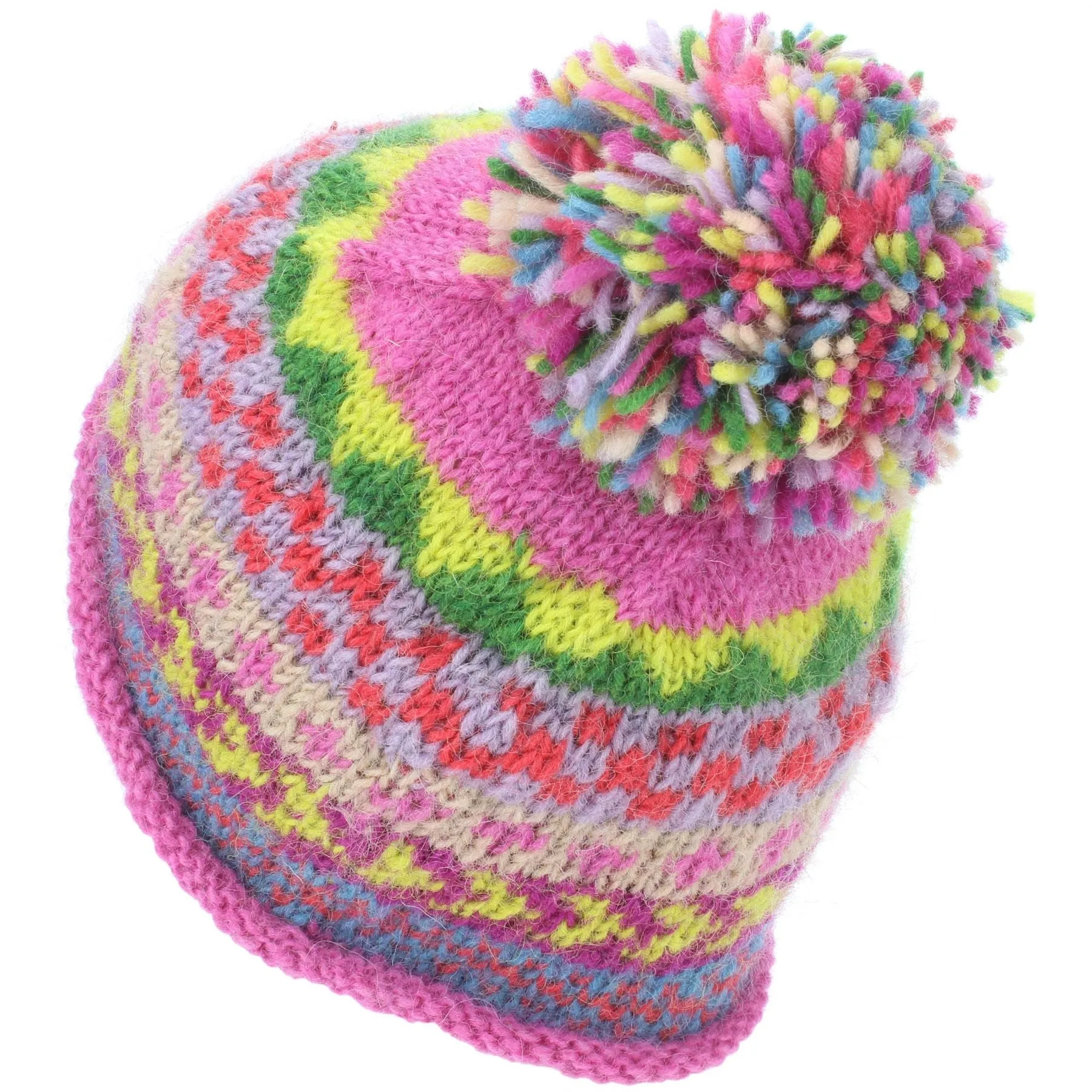 Wool Knit Beanie Bobble Hat - Chevron - Pink